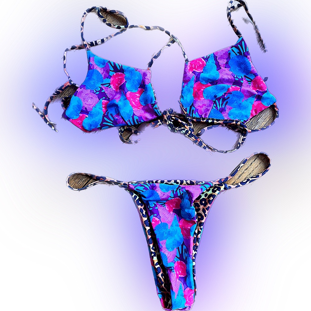 Moana bikini leopard print reversible pink blue & purple WARRIOR WOMEN sz Small